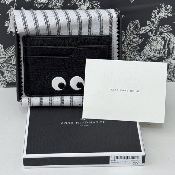 ANYA HINDMARCH Eyes Card Case Holder Black Capra Leather Goatskin with Box - Picture 1 of 9